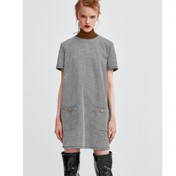 Zara Dresses & Skirts - Zara Trafulic Women  Round Neck Short Sleeve Houndstooth shift Dress  size S